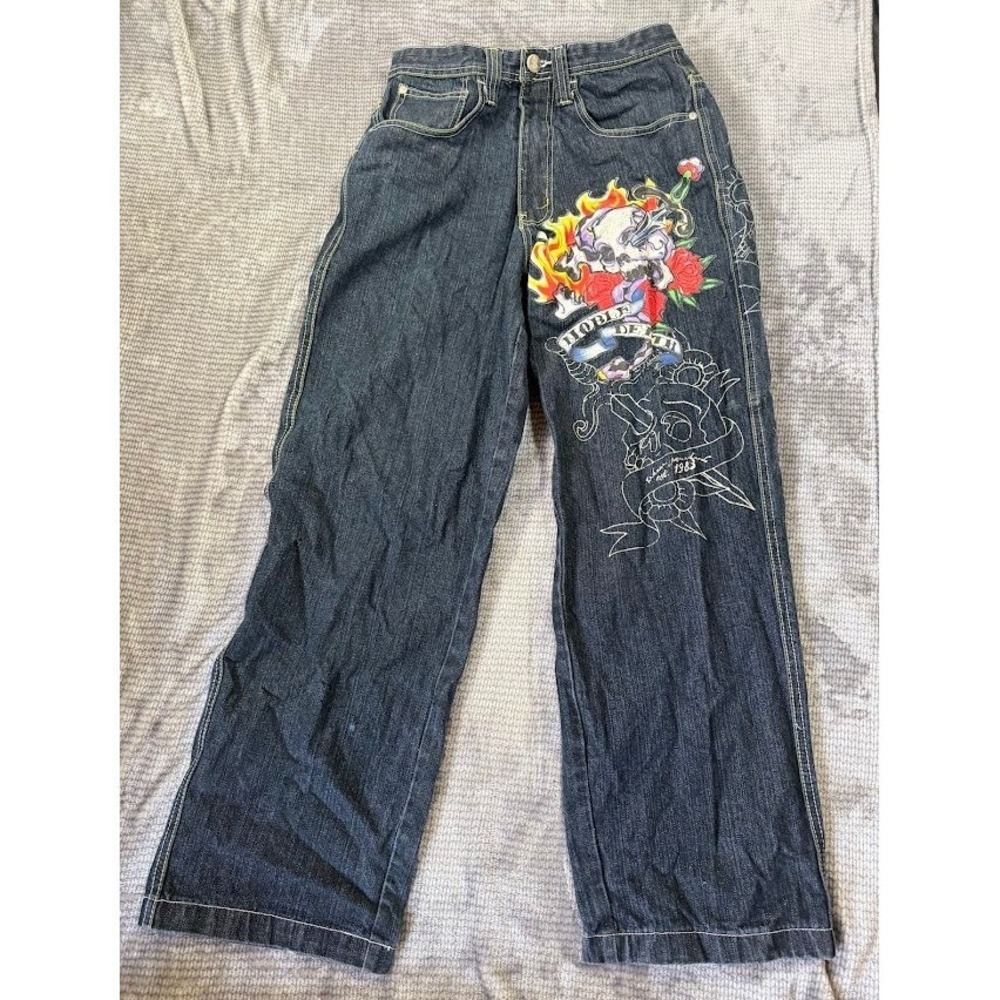 Raw Blue The Denim Guruz Mens W30 L30 Dark Wash Tattoo Graphic Wide Leg Jeans